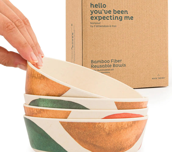 Nook Theory 4 Pack Bamboo Bowls - Alternative to Plastic Bowls 18 Oz Bamboo Bowls Reusable Kids Bowls Shatterproof Bowls Food-Grade Dishwasher Safe - Bamboo Dishes (Arizona)