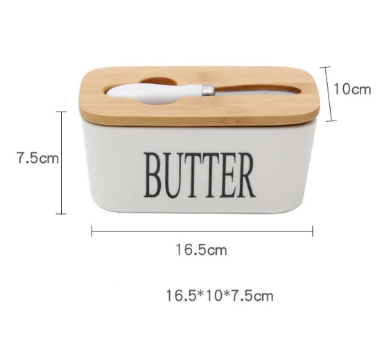 Bamboo Lid Ceramic Knife Butter Storage Container
