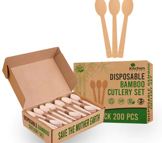 Kitchen Thinker Bamboo Spoons – 200 Pack Bamboo Spoons for Eating Bamboo Disposable Utensils For Parties Bamboo Cutlery Set for Weddings Parties Camping and Events