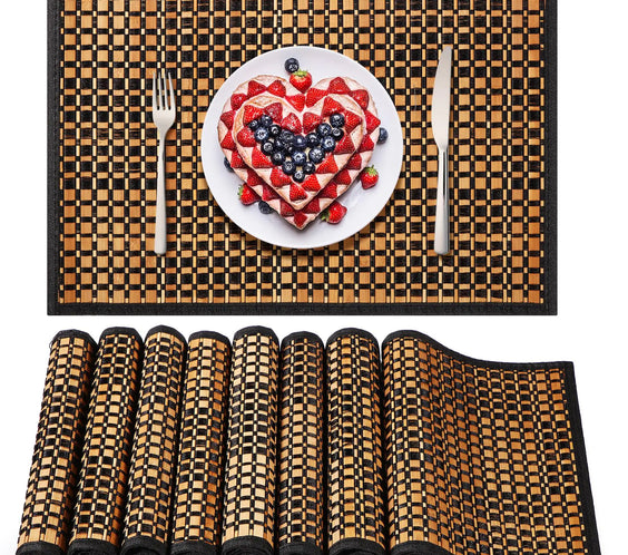 Hushee 8 Pcs Bamboo Placemats Bamboo Dining Table Mats Washable Heat Resistant Bamboo Place Mats for Dining Room and Kitchen Table 18 x 12 inch (Elegant Style)