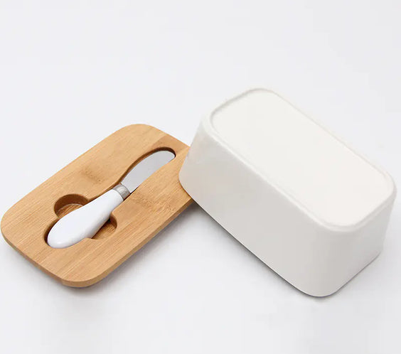 Bamboo Lid Ceramic Knife Butter Storage Container