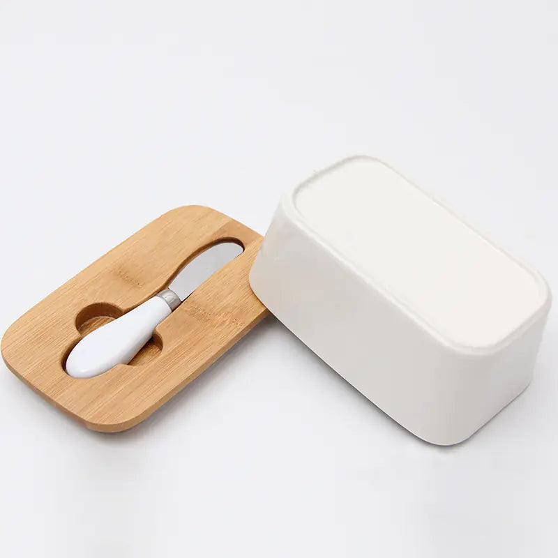 Bamboo Lid Ceramic Knife Butter Storage Container