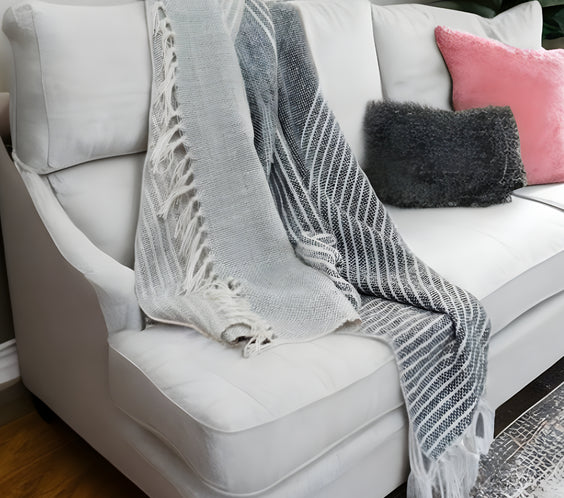 Gray and White Woven Recycled PET Polyester Throw Blanket with Tassels-1