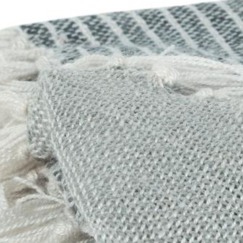 Gray and White Woven Recycled PET Polyester Throw Blanket with Tassels-3