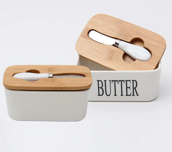 Bamboo Lid Ceramic Knife Butter Storage Container