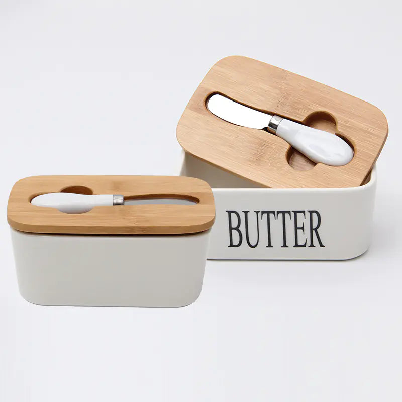 Bamboo Lid Ceramic Knife Butter Storage Container