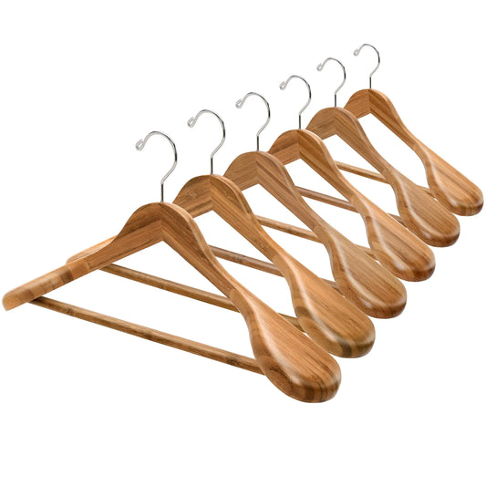 Amber Home 6 Pack Natural Wide Shoulder Bamboo Wooden Suit Coat Hangers Bamboo Clothes Hangers with Pants Bar Heavy Duty Bamboo Jacket Hangers for Dress Pants Heavy Clothes