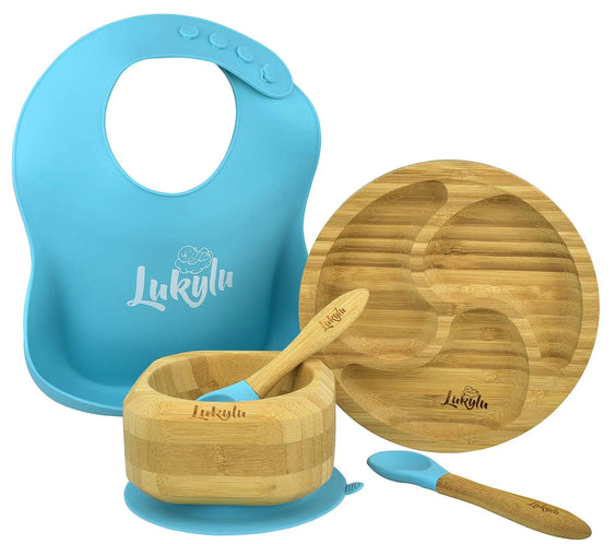 Lukylu-Suction Plates for Baby -5pc Set- Bamboo Baby Dish Set -Bamboo Baby Bowl-Bamboo Baby Plate -Bamboo Kids Plates -Baby Plates for Kids- Bamboo Toddler Plates-Training Plate- Blue