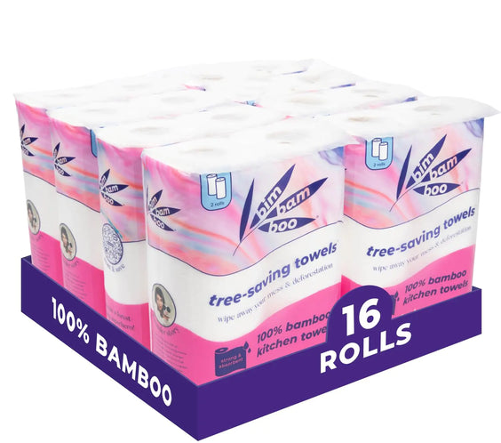 Bim Bam Boo 2-Ply Tree-Free Strength Premium Bamboo Paper Towels 16 Rolls of 100% Bamboo Kitchen Towels