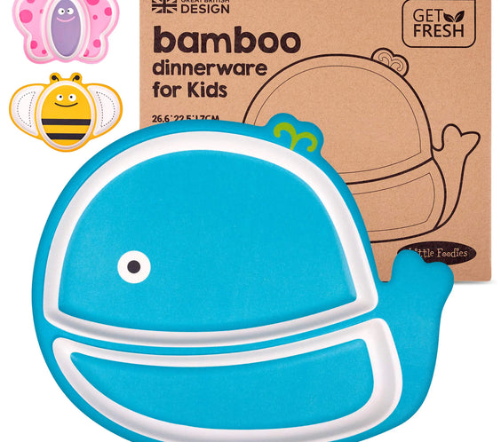 GET FRESH Bamboo Kids Divided Plates – 1pc Cute Whale Bamboo Toddler Divided Plate with 2 Compartments – Reusable Animal Sectioned Bamboo Fibre Children Plates – Dishwasher Safe Bamboo Kids Dinnerware