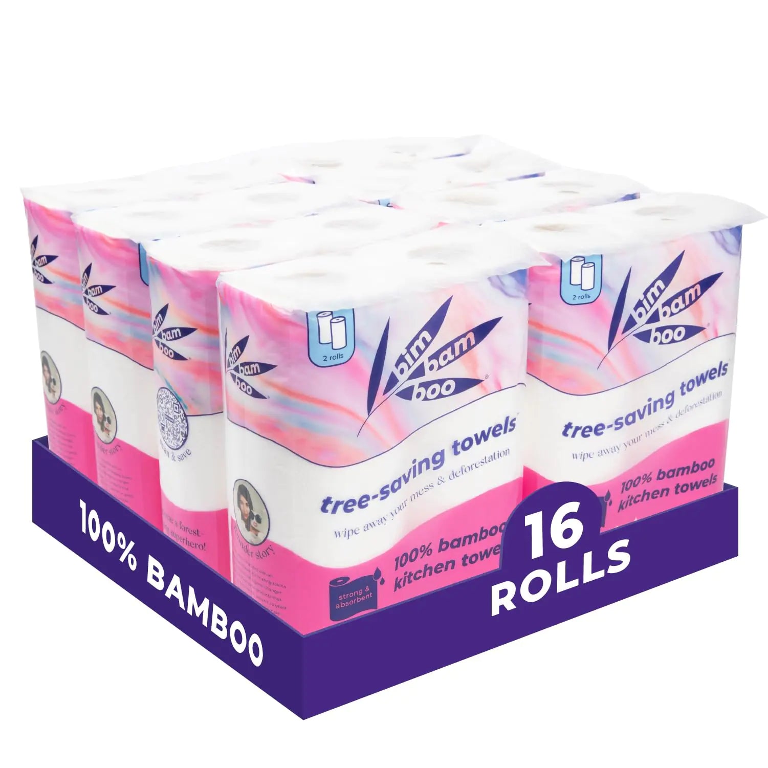 Bim Bam Boo 2-Ply Tree-Free Strength Premium Bamboo Paper Towels 16 Rolls of 100% Bamboo Kitchen Towels