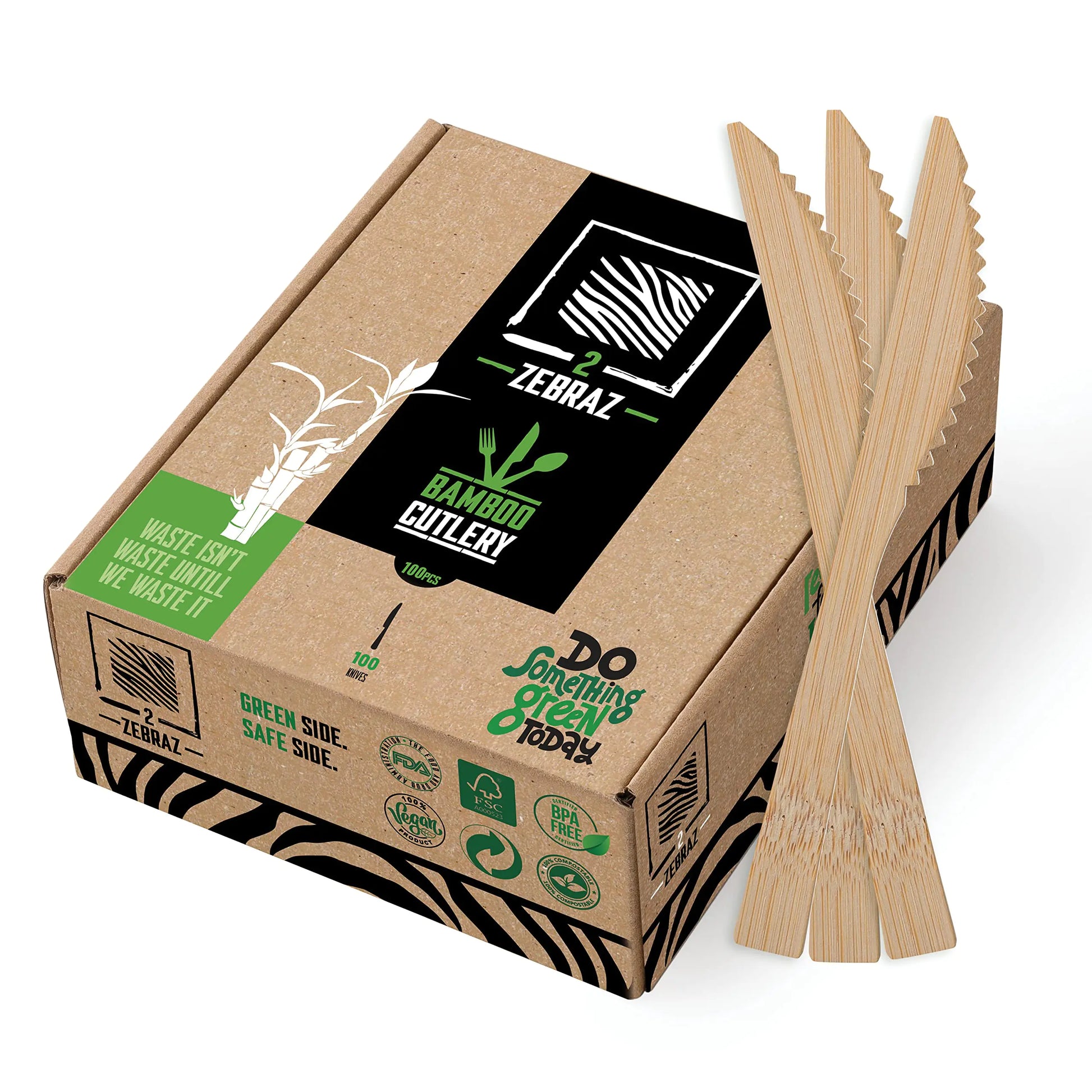 2 ZEBRAZ 100% Bamboo Cutlery - Disposable Bamboo Utensils Reusable Smooth Biodegradable Bamboo Silverware 100 Set (100 Knives) Compostable Durable Bamboo Flatware in a Premium Box