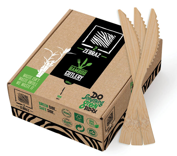 2 ZEBRAZ 100% Bamboo Cutlery - Disposable Bamboo Utensils Reusable Smooth Biodegradable Bamboo Silverware 100 Set (100 Knives) Compostable Durable Bamboo Flatware in a Premium Box