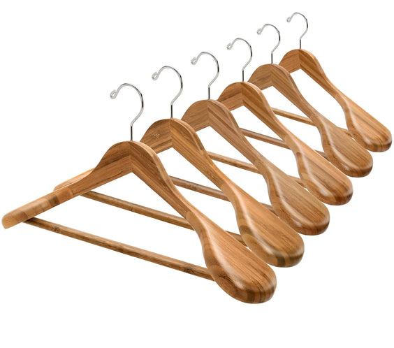 Amber Home 6 Pack Natural Wide Shoulder Bamboo Wooden Suit Coat Hangers Bamboo Clothes Hangers with Pants Bar Heavy Duty Bamboo Jacket Hangers for Dress Pants Heavy Clothes