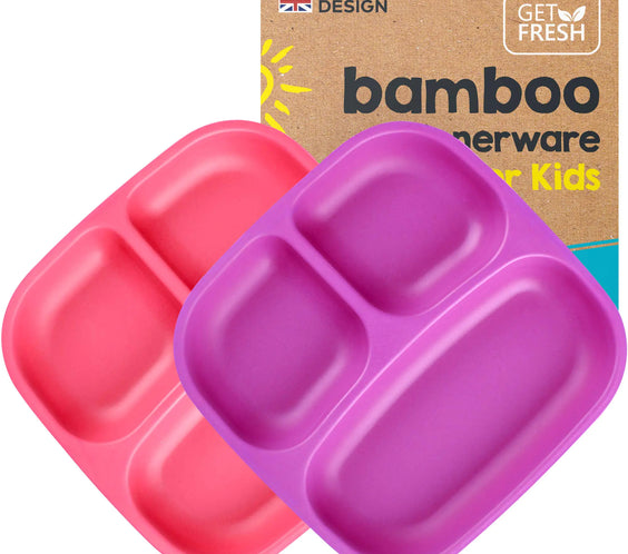 GET FRESH Bamboo Kids Divided Plates Set – 2-Pack 3 Compartment Bamboo Childrens Plates for Kids Meals – Reusable Bamboo Toddler Divided Plates Set – Colorful Bamboo Kids Dinnerware Sectioned Plates