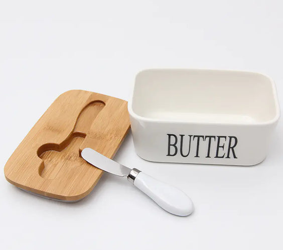 Bamboo Lid Ceramic Knife Butter Storage Container