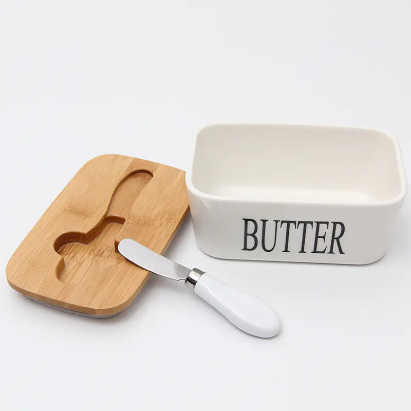 Bamboo Lid Ceramic Knife Butter Storage Container