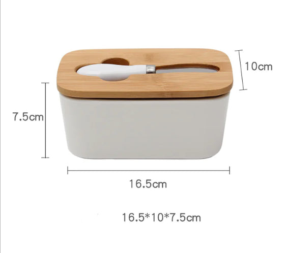 Bamboo Lid Ceramic Knife Butter Storage Container