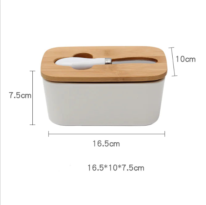 Bamboo Lid Ceramic Knife Butter Storage Container