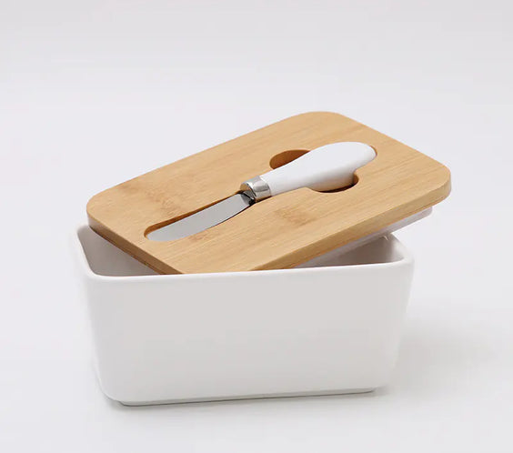 Bamboo Lid Ceramic Knife Butter Storage Container