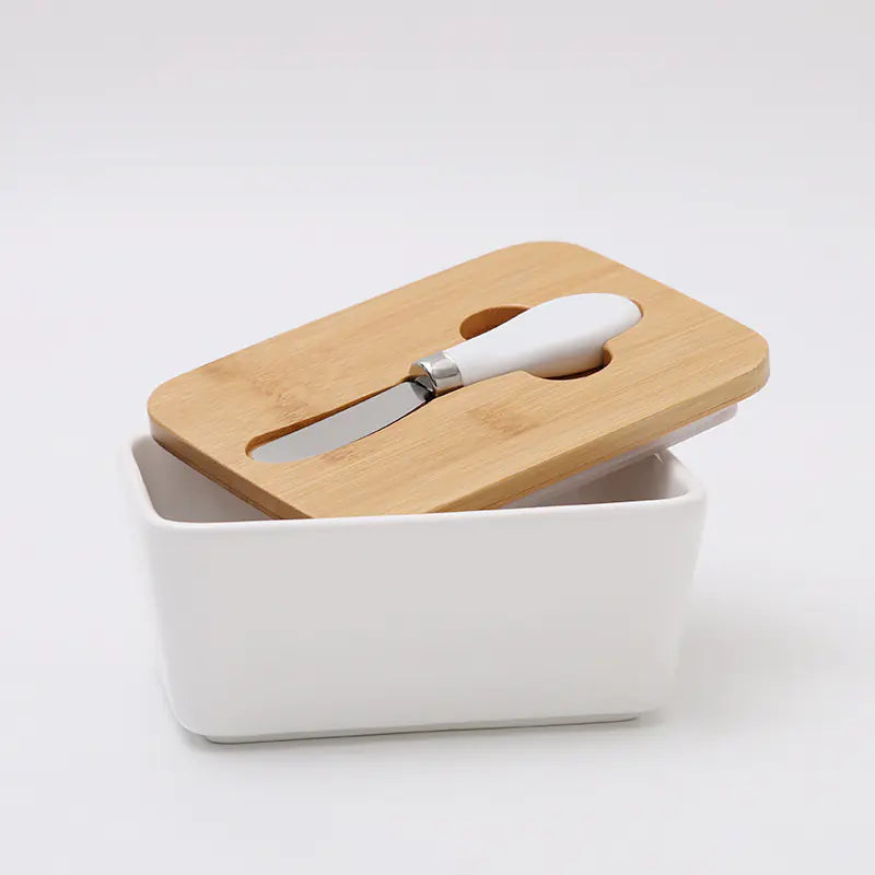 Bamboo Lid Ceramic Knife Butter Storage Container