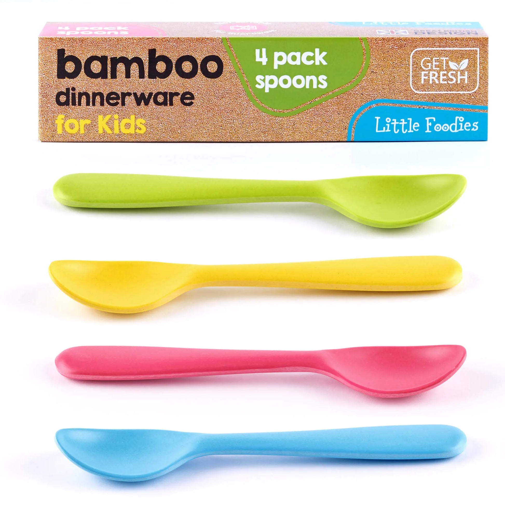 GET FRESH Bamboo Kids Spoons Set – 4-pack Reusable Bamboo Fiber Kids Spoons for Everyday Use – Large Bamboo Kids Cutlery for Daily Mealtime – Colorful Bamboo Utensils for Toddlers and School Children