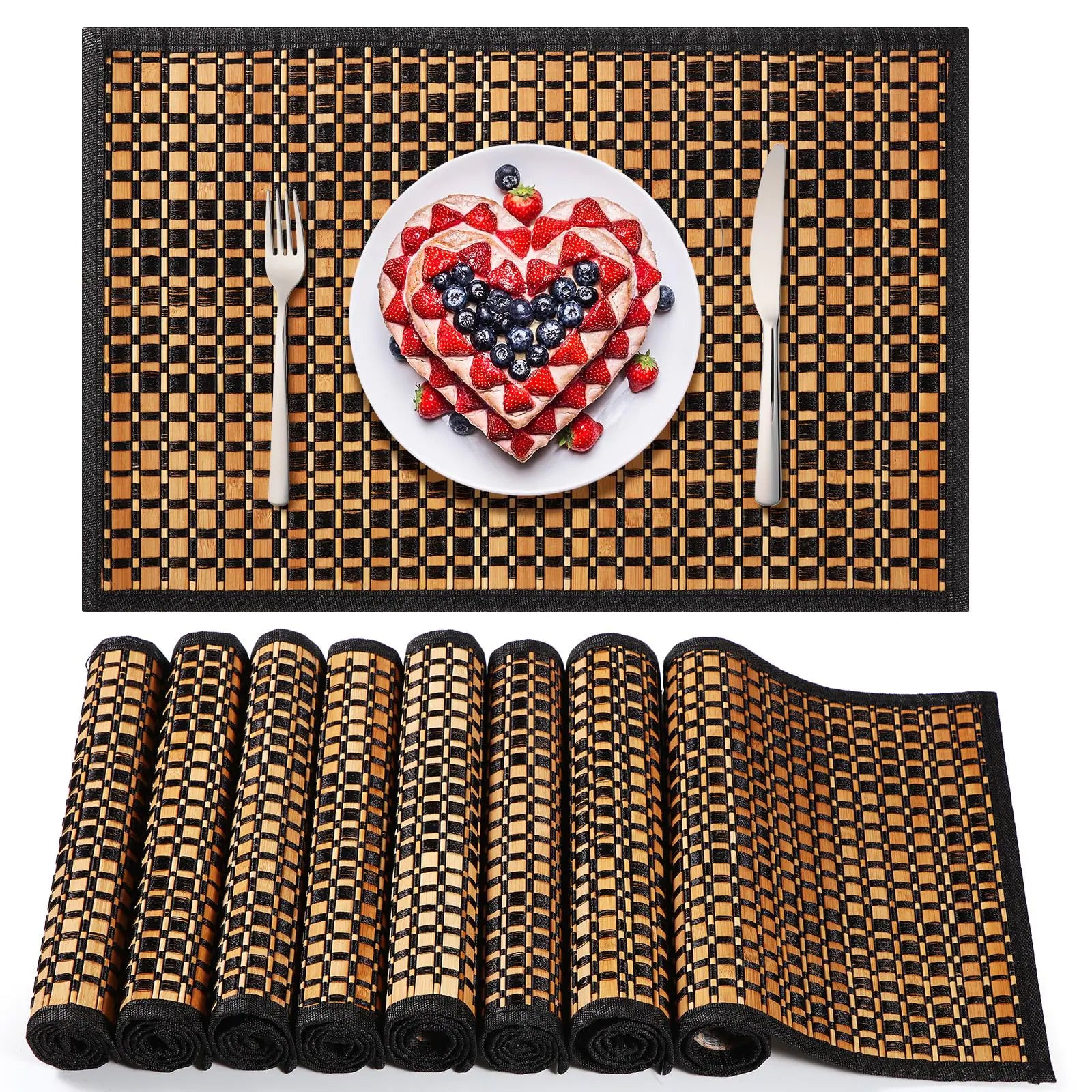 Hushee 8 Pcs Bamboo Placemats Bamboo Dining Table Mats Washable Heat Resistant Bamboo Place Mats for Dining Room and Kitchen Table 18 x 12 inch (Elegant Style)